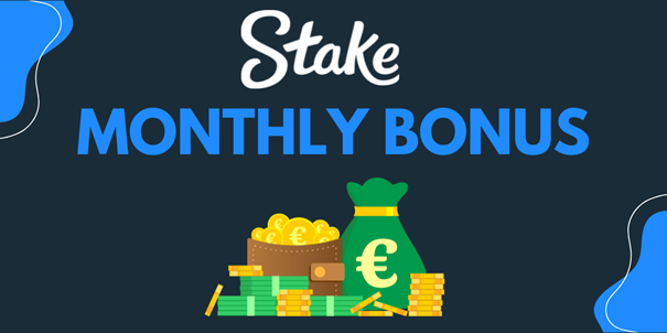 Stake Monthly Bonus banner with money bag and gold coins