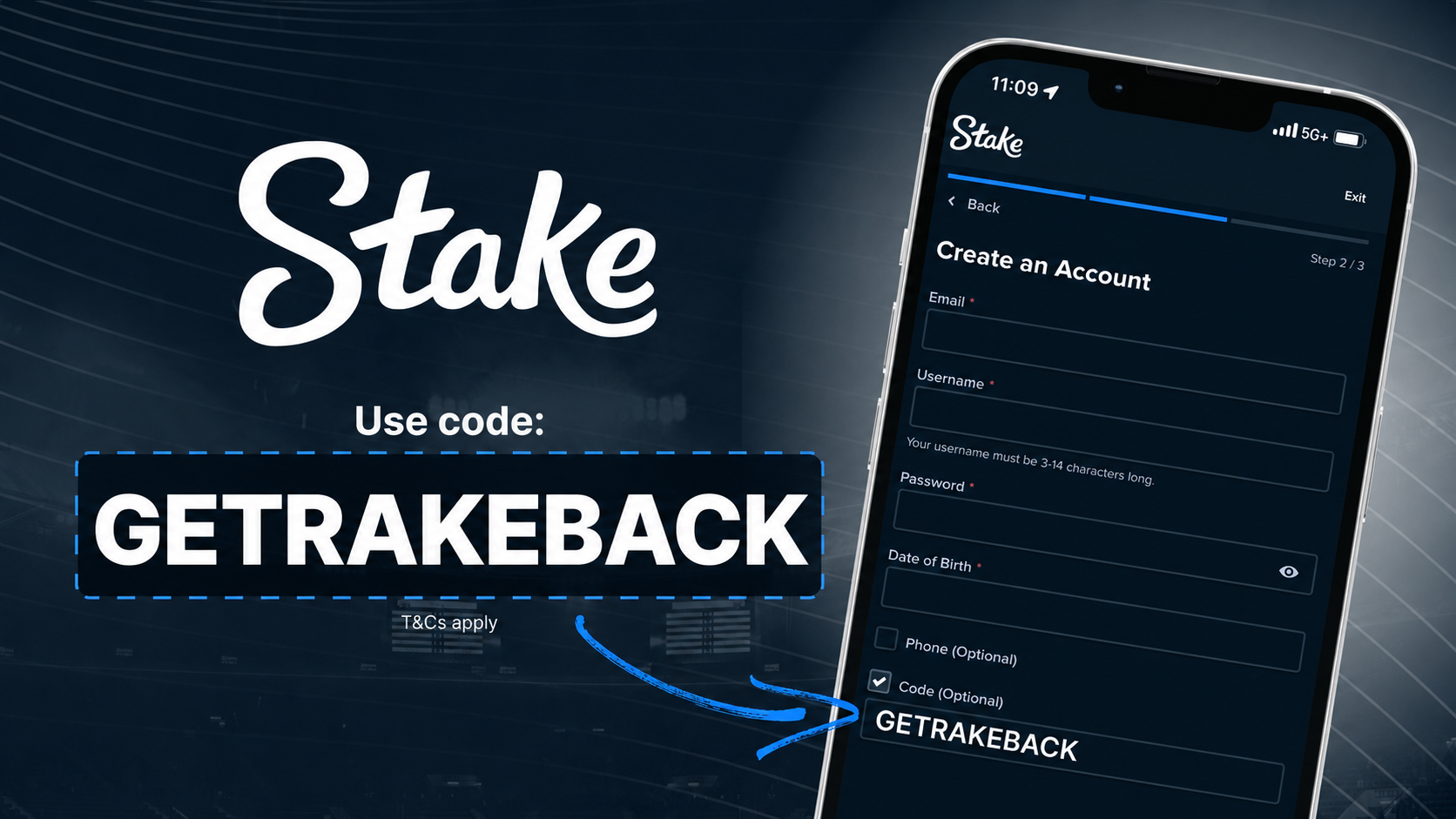 Stake.com sign-up form with the GETRAKEBACK promo code filled into the Code (Optional) field