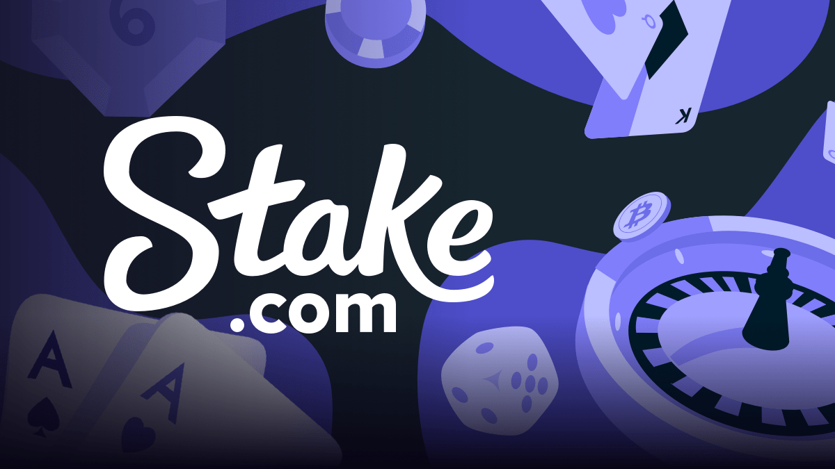 Stake.com casino brand artwork with cards, dice, roulette and crypto chips